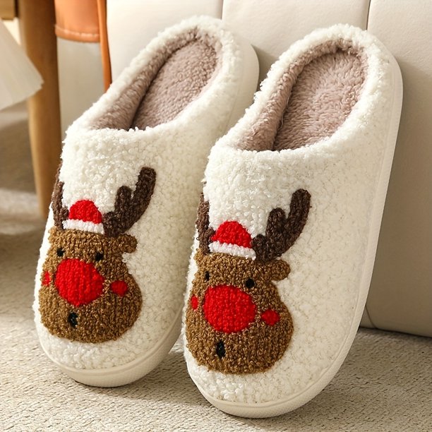 Cartoon Christmas Deer Print Slippers, Slip On Round Toe Non-slip Fuzzy Warm Home Slippers, Plush Cozy Indoor Shoes