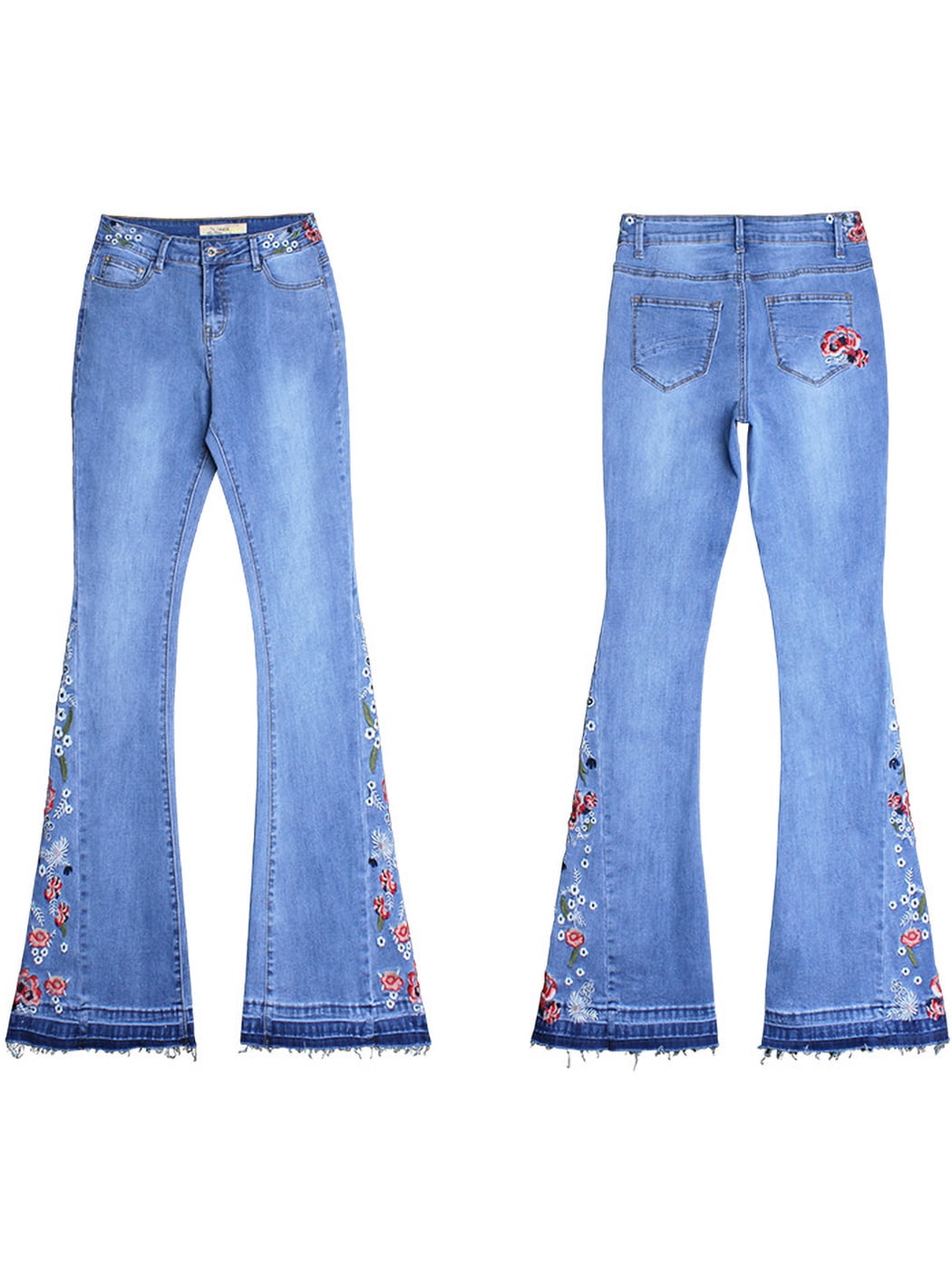 Womens Floral Daisy Embroidered Mid Rise Bell Bottom Flare Frayed