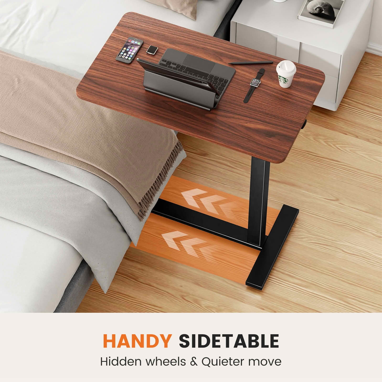 MAYEERTY Adjustable Mobile Bed Table, Computer Desk Standing Table, Home Office Use, Brown
