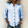thumbnail image 6 of Sokhug Womens Cotton Linen Striped 3/4 Sleeve Stand Collar Button Down Breathable Casual Daily Tunic Blouse Tops, 6 of 7