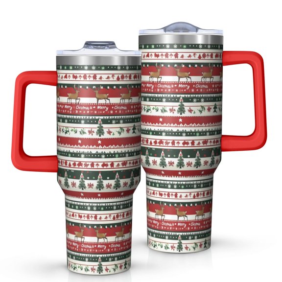 Red Christmas Deer and Tree Pattern Tumbler with Handle and Lid,40oz Double Wall Vacuum Insulated Tumbler,Cups Gift for Women and Men