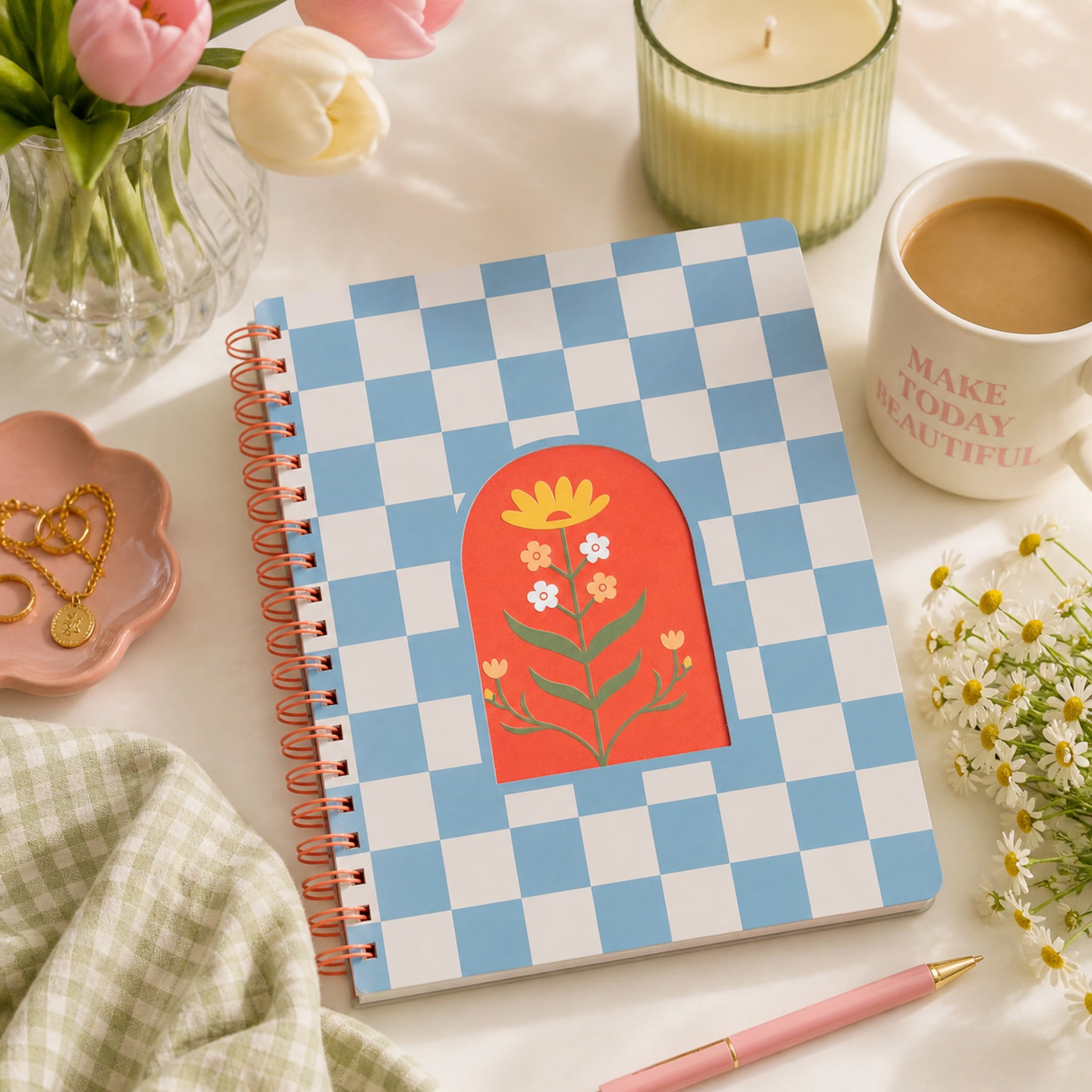 Pearhead Flower Checkered Spiral Notebook, College Ruled, 8 x 10.5