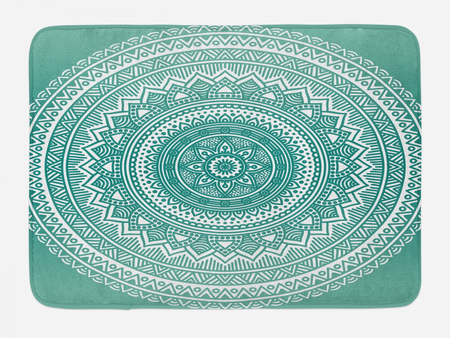 Teal Ombre Bath Mat, Mandala Pattern Boho Style Floral Dots and Stripes