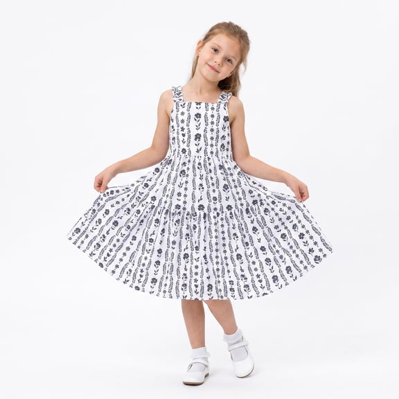 Girls Summer Boho Maxi Dress, Black and White Floral Tiered Sundress with Ruffle Straps for Toddler & Little Girls (4-5Y)