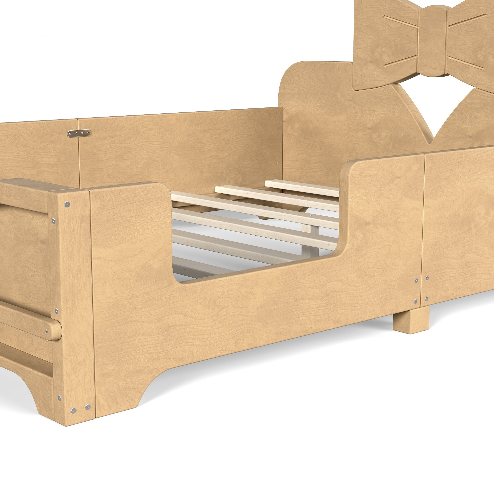 HOQBN Full Size Kids Platform Bed with Surround Guardrails, Cute Bowknot Shaped Headboard & Built-in Side Bookshelf, Wood Finish Floor Bed Natural