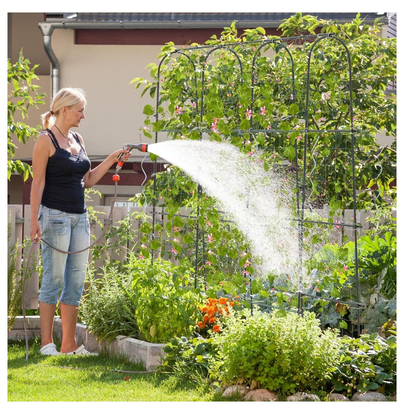 71" x 71" Cucumber Trellis for Raised Bed, Garden Arch Trellis Metal Plant Support Frame with Netting, Sure-Clips & Ground Stakes, U-Shaped Garden Trellis for Climbing Plants Outdoor