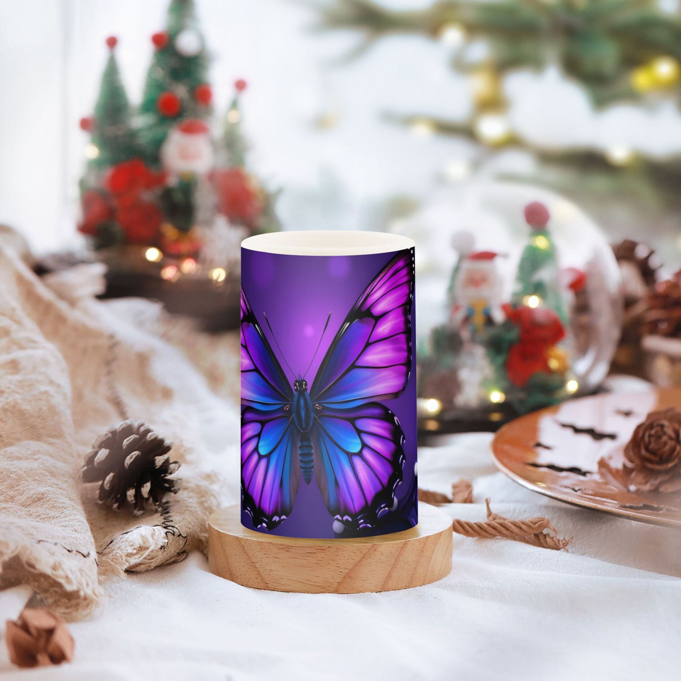 Mandala Flowers Purple Butterflies Flickering Flameless Candles LED Tealight Battery Operated with Remote Set of 2 Holiday Decor Ornaments