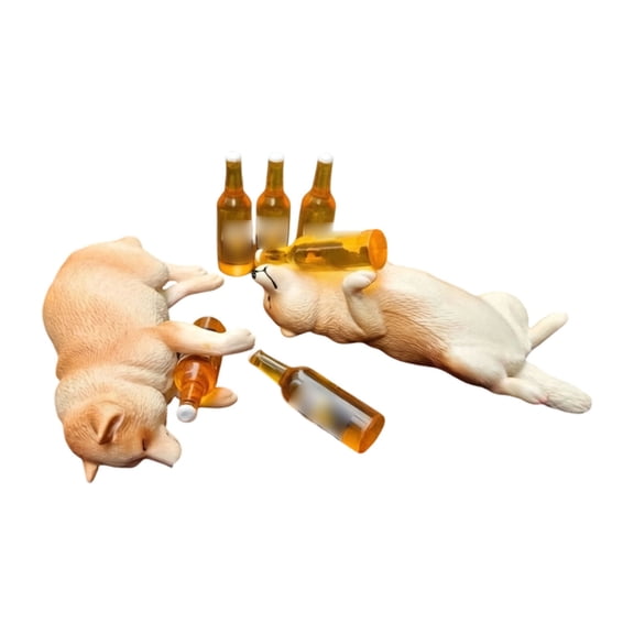 2Pcs Resin Drunken Shiba Inu Figurine With Mini Beer Bottles Funny Tabletop Dashboard Decor Ornament For Car Interior Home Desk Shelf(Yellow-2Pcs Set)