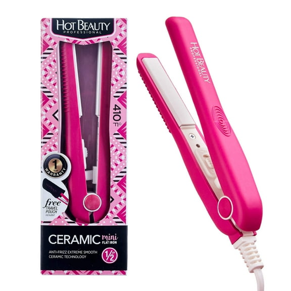 Hot Beauty Professional Ceramic Mini Flat Iron 1/2", Anti-Frizz, Fast Heating, Versatile Styling for Curly & Straight Hair, Ideal for Traveling with Travel Pouch (Pink)