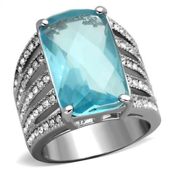Womans Silver Aquamarine Ring High polished (no plating) 316L Stainless Steel Ring with Glass in Sea Blue TK1826