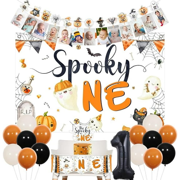 Spooky Halloween 1st Birthday Decoration Kit, First Birthday Highchair Photo Banner, The Spooky One Cake Topper Backdrop Balloon for Halloween Bday Baby Shower Party Supplies