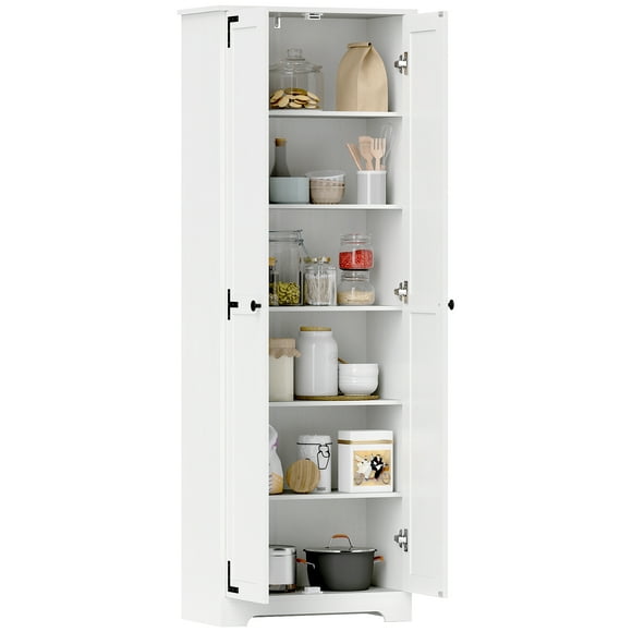 HOMCOM 67" Farmhouse Pantry Cabinet, Tall Storage Cabinet, Distressed White