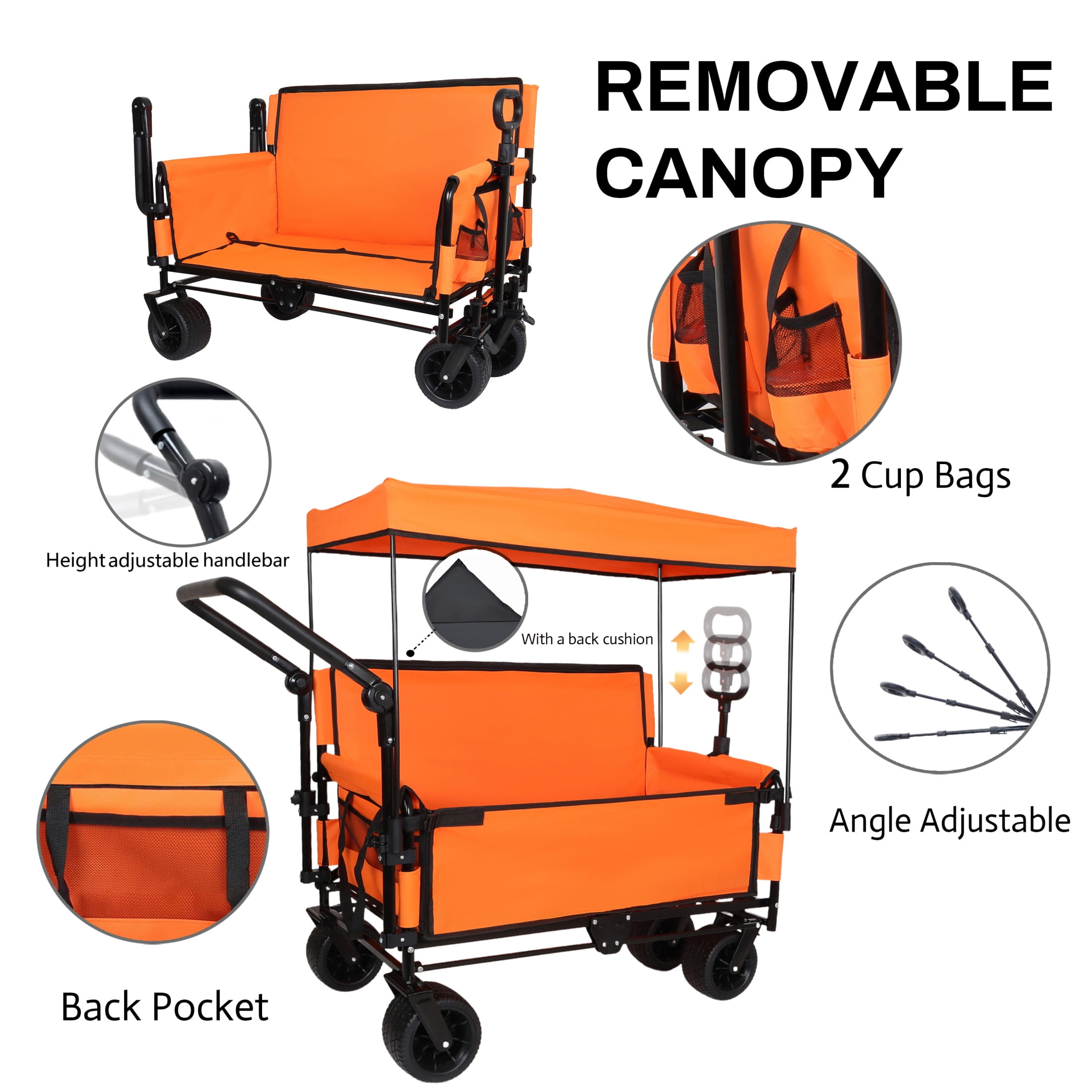 GDF Studio 3-in-1 Folding Wagon Cart with Bench Seat, Detachable Canopy, and Storage, Heavy-Duty Utility Wagon, Orange