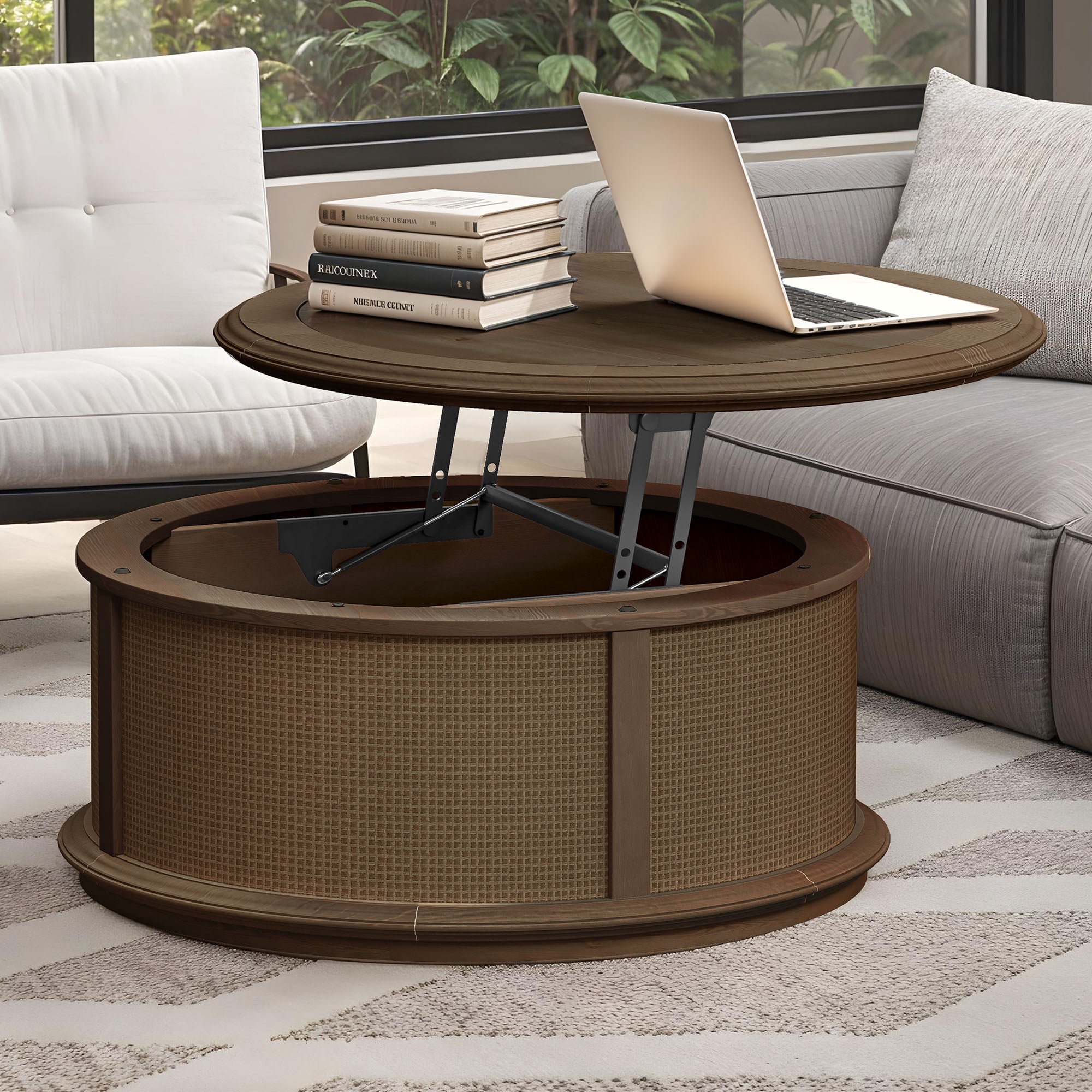 Uforic Multifunctional Round Rattan Lift-Top Coffee Table – Brown Wood Finish with Hidden Storage
