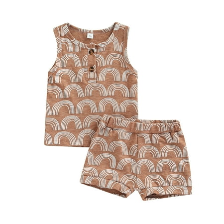 

Gureui Casual Summer Toddler Clothes Sets Semi Arc Stripes Printed Round Neck Sleeveless Tank Tops with Shorts Outfits