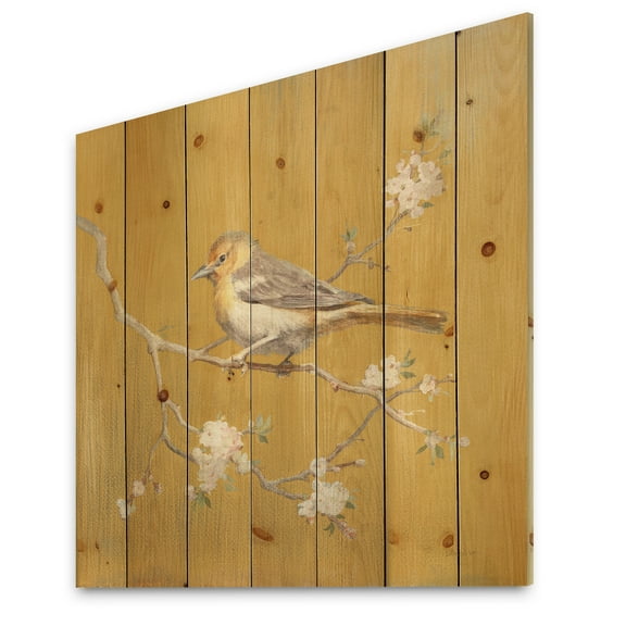 Designart 'Gold Bird Sitting on Blossoms I' Farmhouse Print on Natural Pine Wood