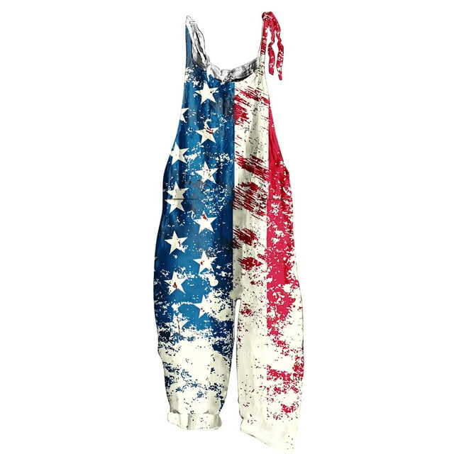 Independence Day Printed Linen-Look Adjustable Strap Overalls for Women, Loose Fit Wide Leg, Backless Design, Pockets, Polyester Fabric, Casual Summer Wear