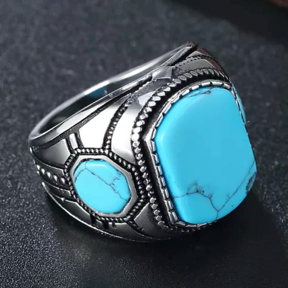 QQTDFG Men Women Stainless Steel Turquoise Stone Ring Band Gift Silver Blue Size 7-12-9