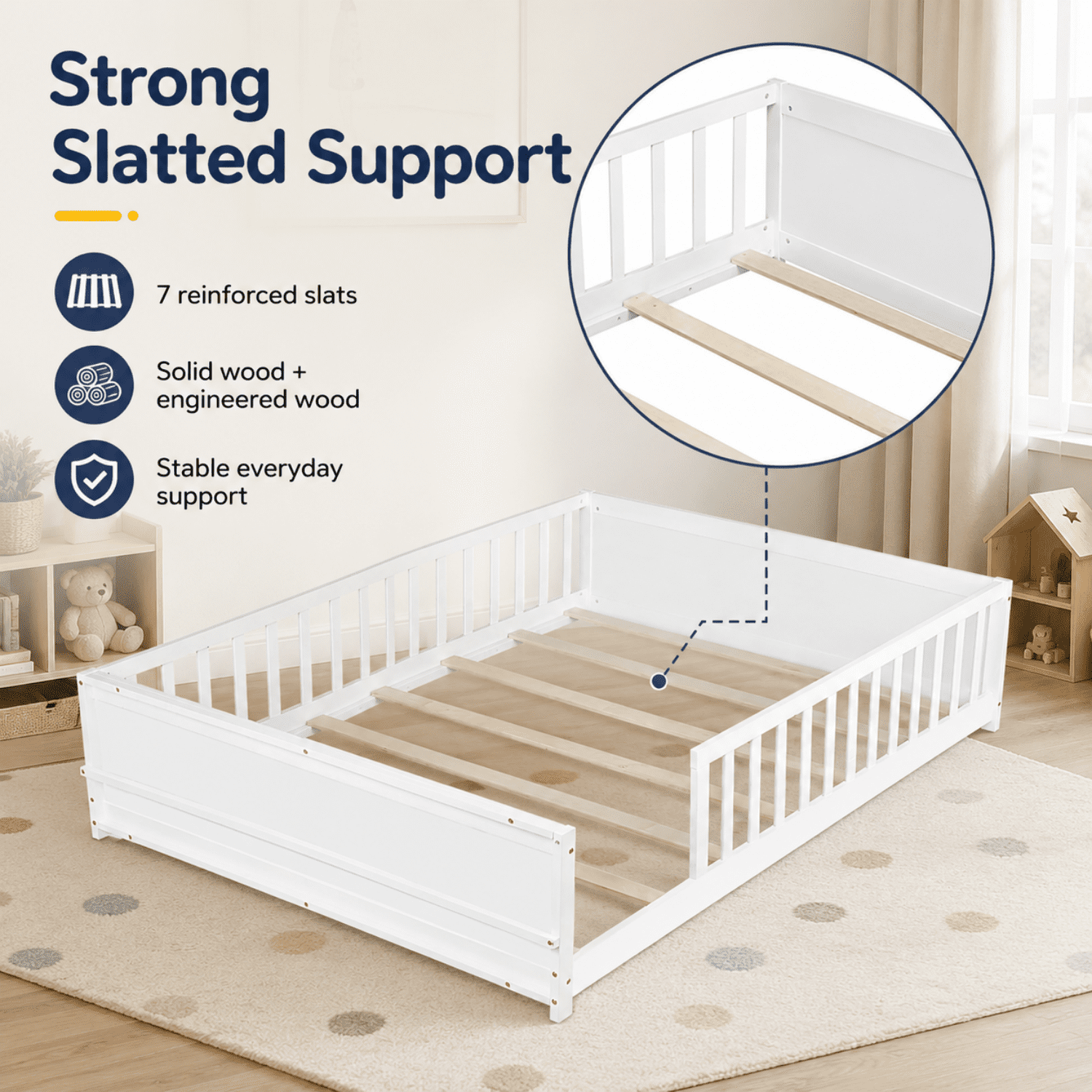 Miniyam Full Size Kids Floor Bed with Guardrails and Bookshelf, Wooden Low Profile Bed, White