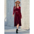 thumbnail image 5 of Women's Tie Front Long Sleeve Slit Dress 100% Polyester Fabric Belted Sheer Panel for Elegant Evening Party Look, 5 of 10