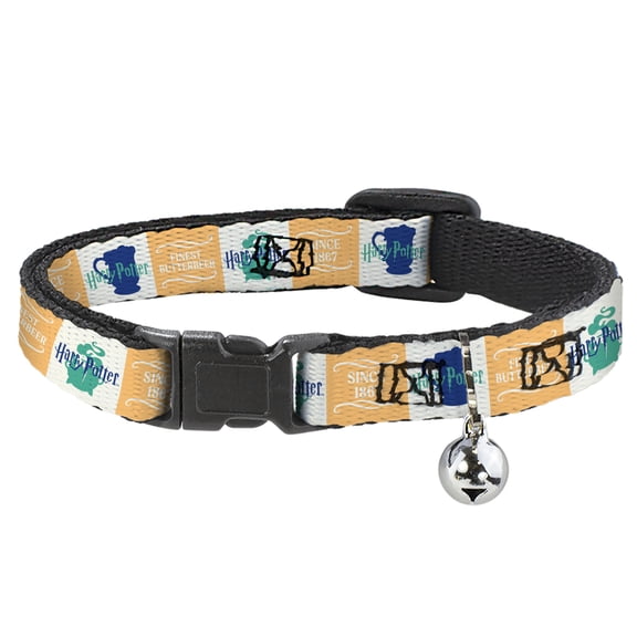 The Wizarding World of Harry Potter Cat Collar, Breakaway Collar with Bell, Harry Potter Finest Butterbeer Since 1867 Icons White Blues, 8.5 to 12 Inches 0.5 Inch Wide