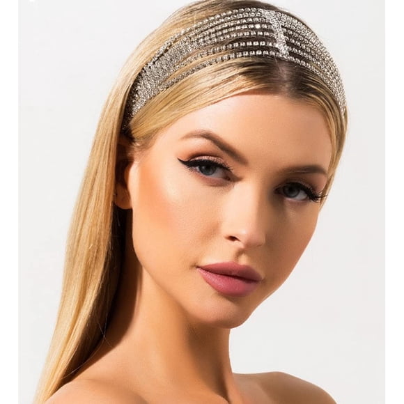 Rhinestone Head Chain Forehead Bridal Headband Elastic Crystal Hair Band Halloween Prom Hair Jewelry for Women and Girls (Silver)(Silver)