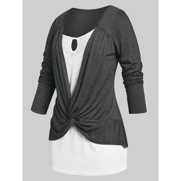 Camiseta Talla Extra Conjunto Falso Rosegal Mangas largas de talla grande
