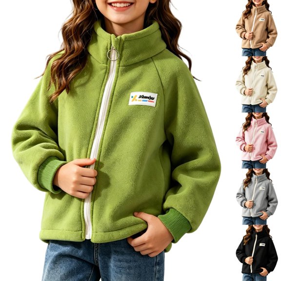 Boys Girls Fleece Jacket Kids Unisex 1-13Years Fleece Full Zipper Jacket Stand Collar Long Sleeve Casual Outerwear Warm Coat