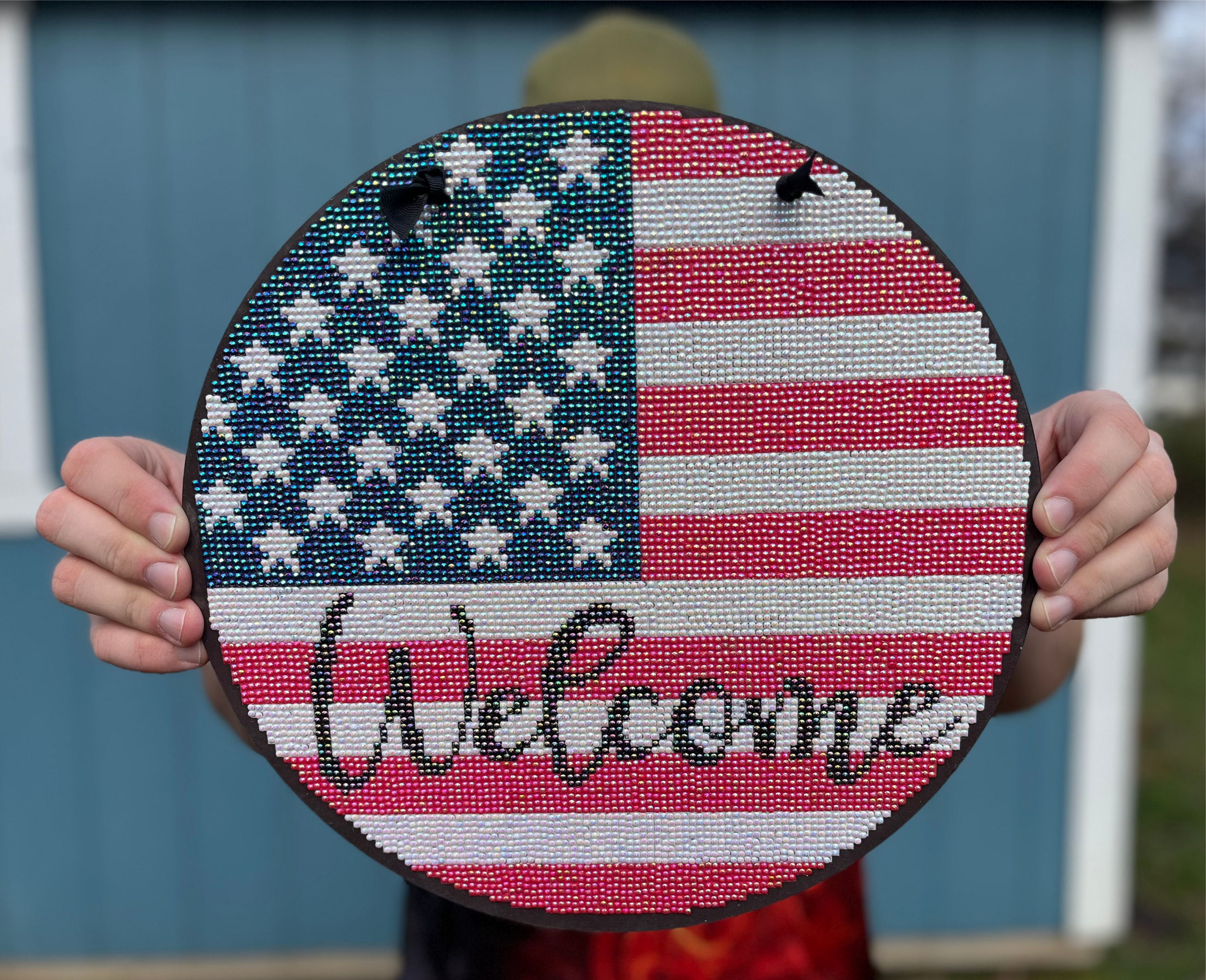 Diamond Painting Kit, Welcome US Flag Diamond Art Painting, 14 Piece Set, Round Wood Door Sign, 100% AB Drills
