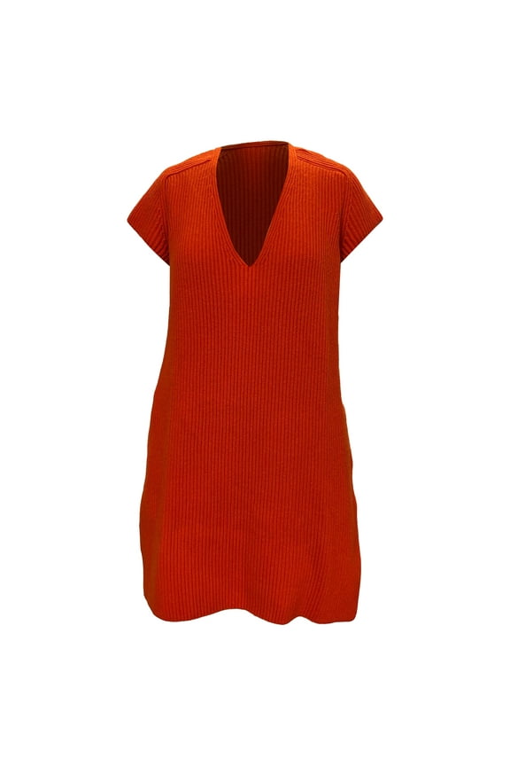 Pre-Owned Hermès Knitted V-Neck Dress in Orange Wool