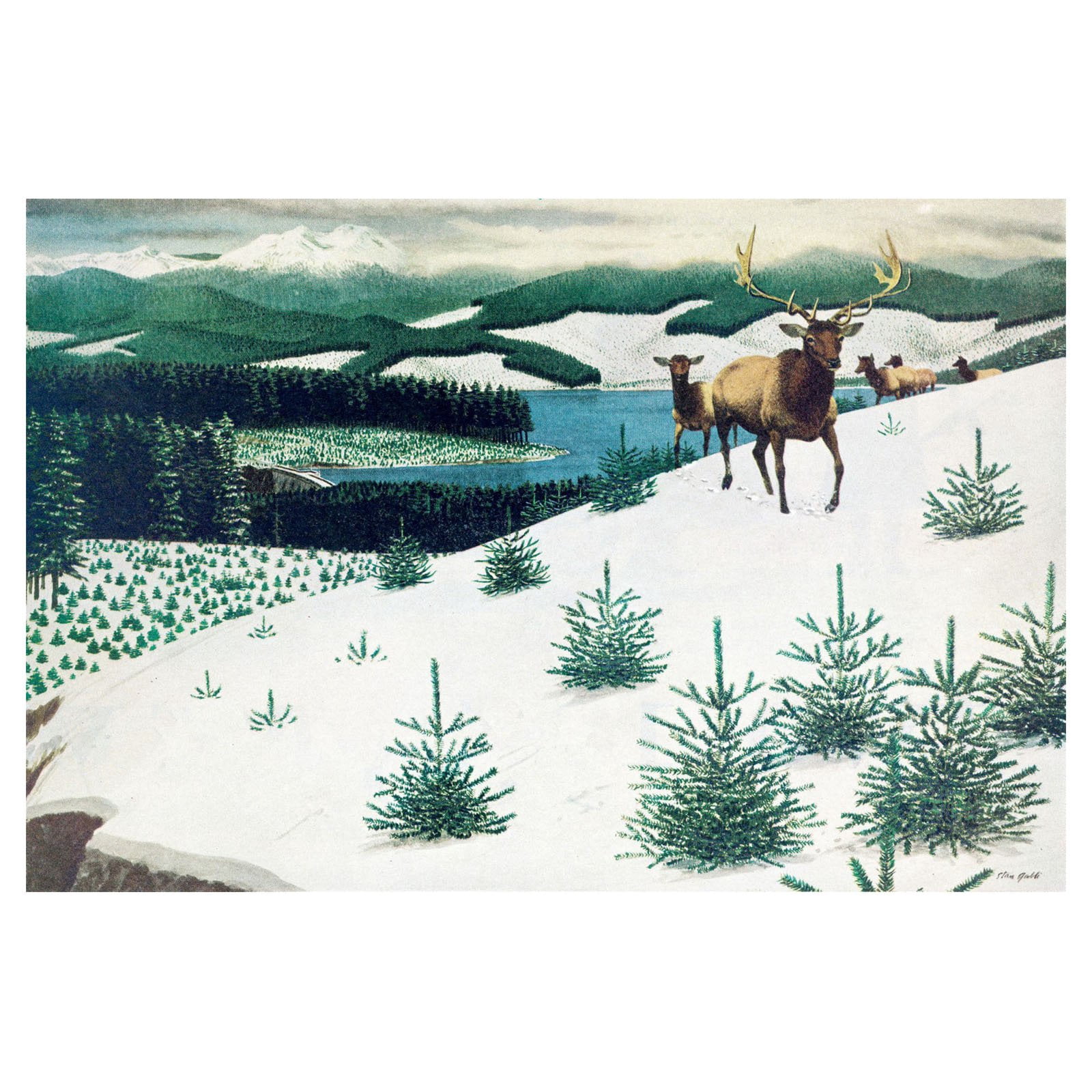 "Elk in Snow" Painting Print on Wrapped Canvas