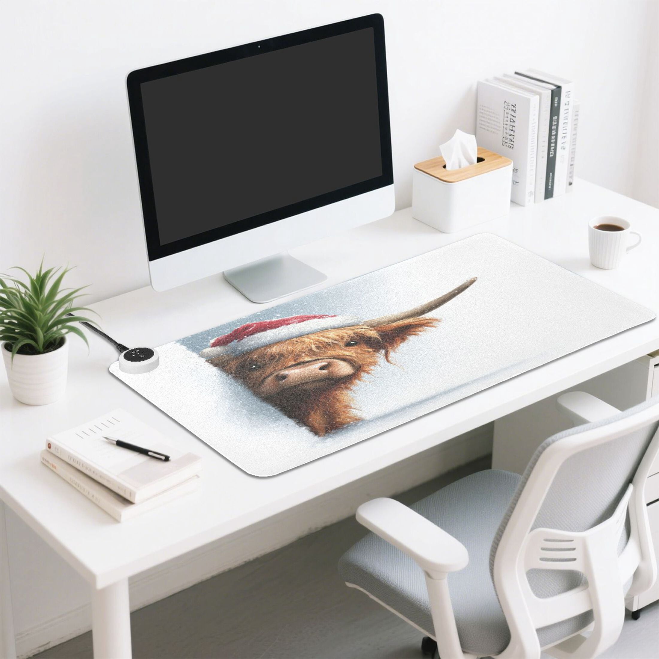 Large Heated Desk Mat Mouse Pad 31.5"x13"PU Leather Graphene Heating Desk Warmer with 3 Temperature Settings 110V US Plug Non-Slip Warm Pad for Home, Office, and Gaming Lovely Christmas Highland Cow