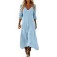 thumbnail image 2 of Ayolanni Dresses for Women 2026 Long Sleeve V Neck Beach A-Line Maxi Dresses Casual Solid Flowy Pleated Long Dress Blue M, 2 of 7