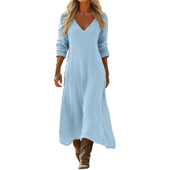 Ashirexll Long Sleeve Dress for Women Loose Casual Style Long Sleeve V-Neck Solid Color Maxi Dress