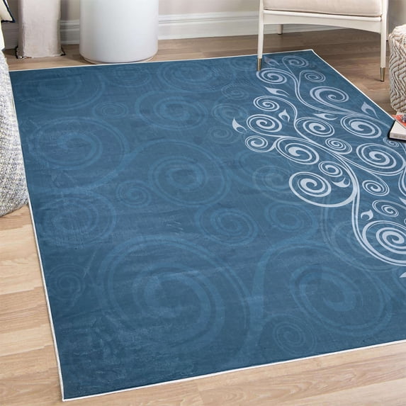 Ornamental Decorative Rug, Floral Swirls Ivy Image Ombre Details Grunge Backdrop Flower Illustration, Quality Carpet for Bedroom Dorm and Living Room, 6 Sizes, Dark Sky, by Ambesonne