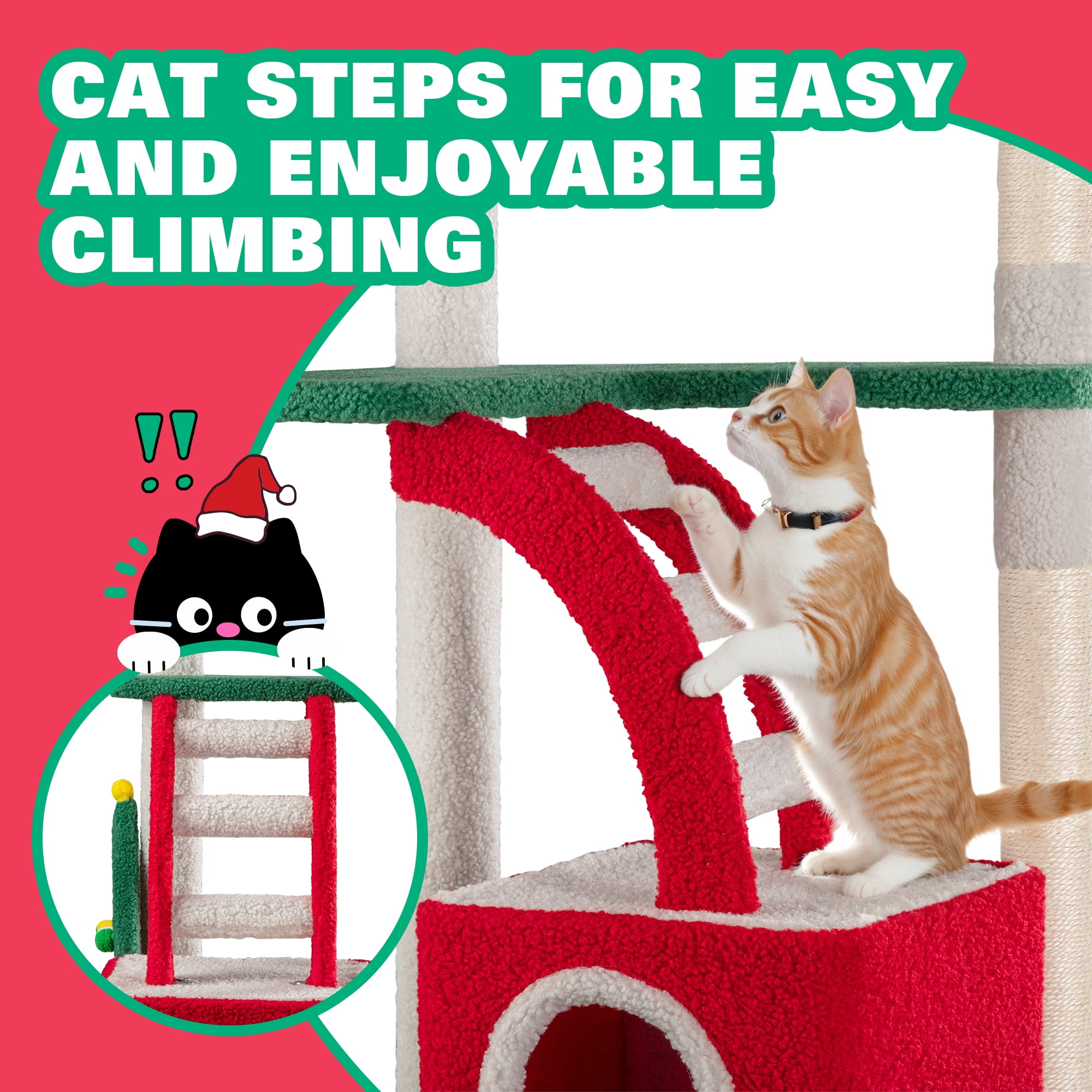Amolife 67" Large Cat Tree and Tower, Christmas Condo House with Stair & Scratching Posts for Indoor Cat, Red & Green