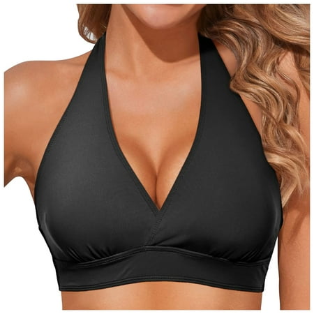 Gibobby Women Halter Bikini Top Only Padded Swimsuits Tops Vintage Bathing Suit Top No Bottom(Black XL)