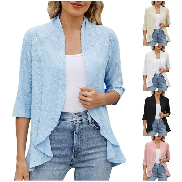 Feancey Womens 3/4 Sleeve Cardigan Eyelet Casual Open Front Bolero Shrugs Flowy Ruffle Hem Cardigans 2025 Summer Fashion Jackets White S