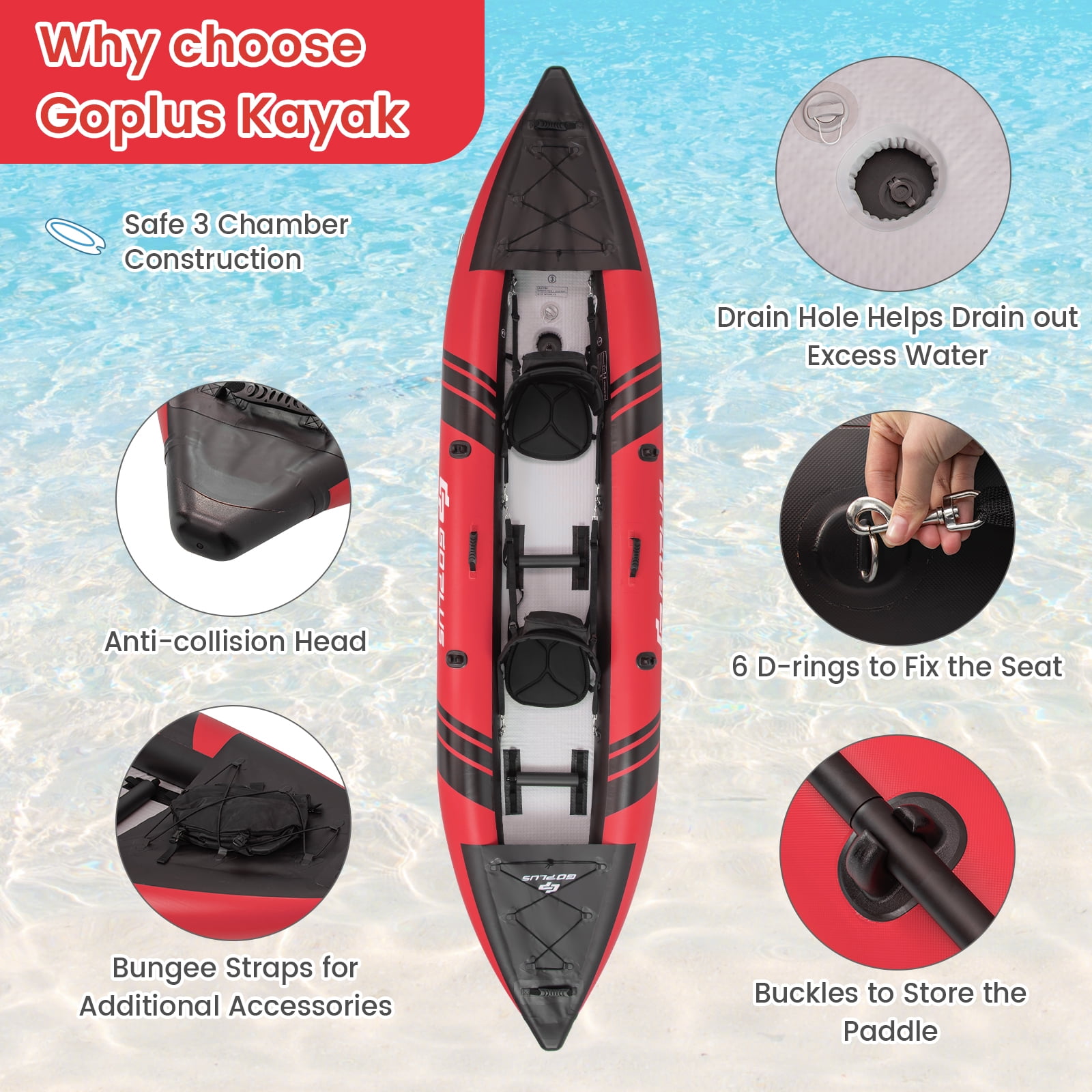 Goplus Inflatable Water Float Set Portable 2-person Kayak with Aluminium Oars EVA Padded Seat Red