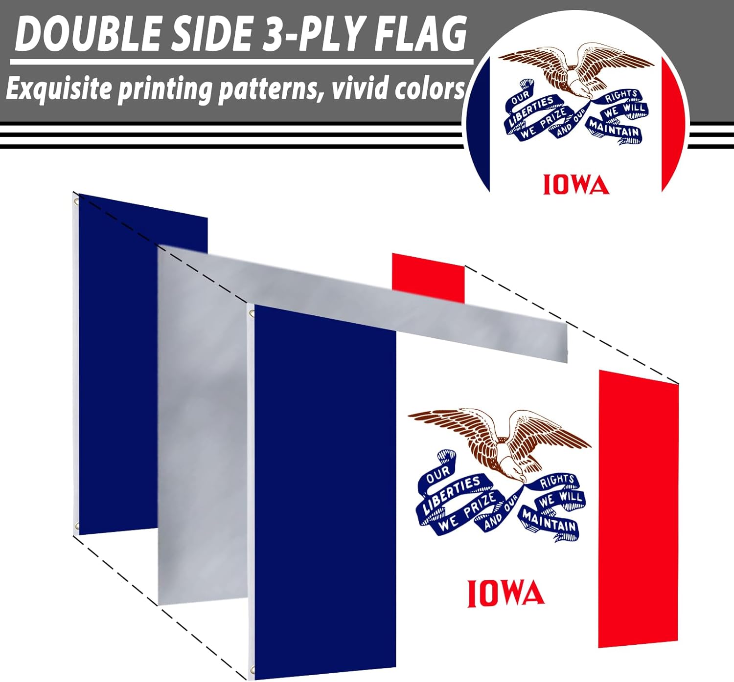 FLAGWIN Iowa Flag 3x5 FT - 3 Ply Double Sided Polyester Iowa State Flag with Brass Grommets - Vivid Color and Fade Proof State of Iowa Flag 3x5 Outdoor
