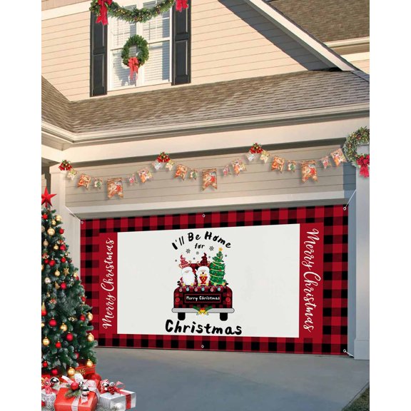 Garage Door Banner Cover 7 x 16 ft, Christmas Gnomes Buffalo Red Plaid Truck Snowflakes Christmas Garage Door Decorations Holiday Christmas Backdrop Decor for Winter New Year Xmas Party