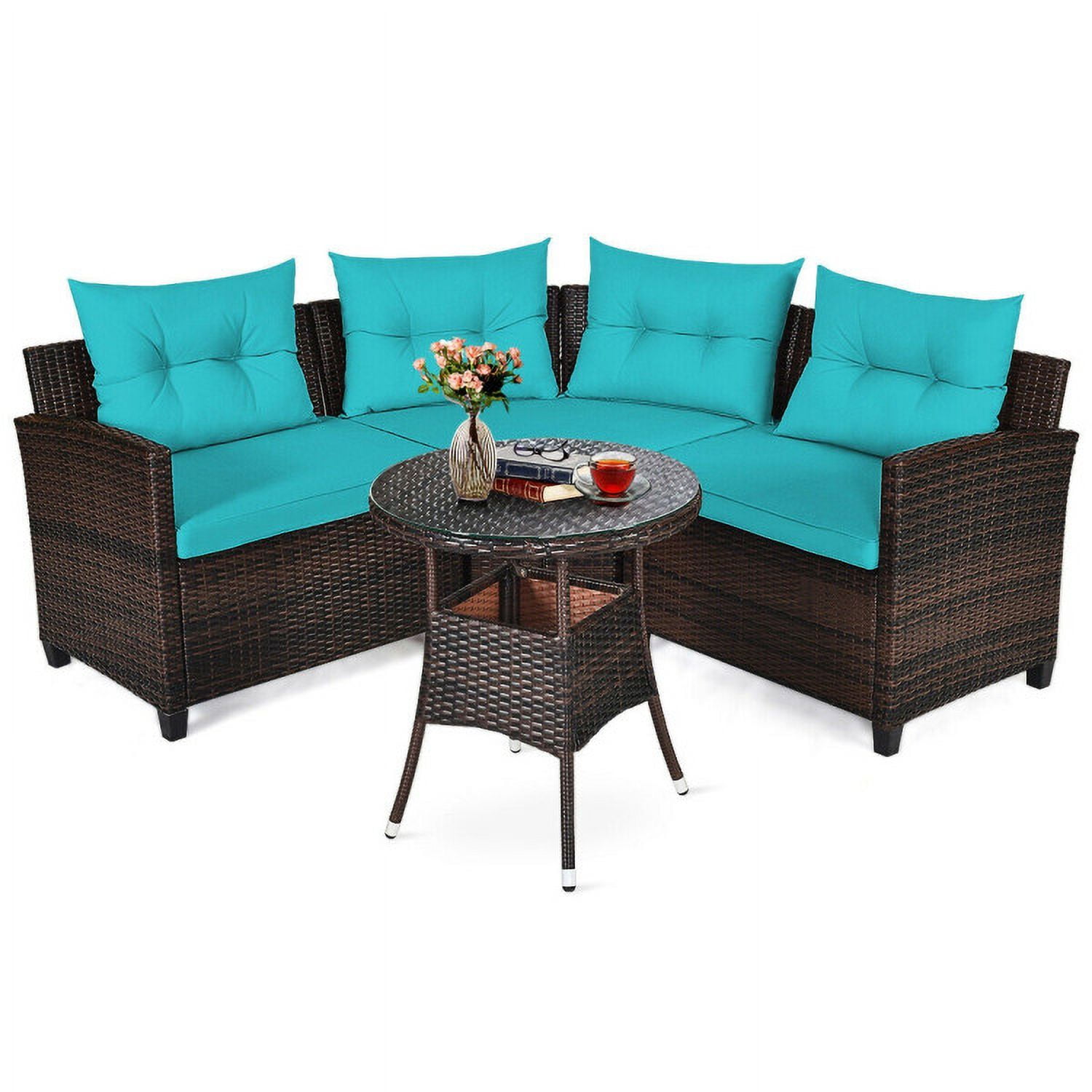 Aimee Lii 4 Pieces Outdoor Cushioned Rattan Furniture Set, Outdoor Deck Furniture, Turquoise Aimee Lii 4 Pieces Outdoor Cushioned Rattan Furniture Set, Outdoor Deck Furniture, Turquoise