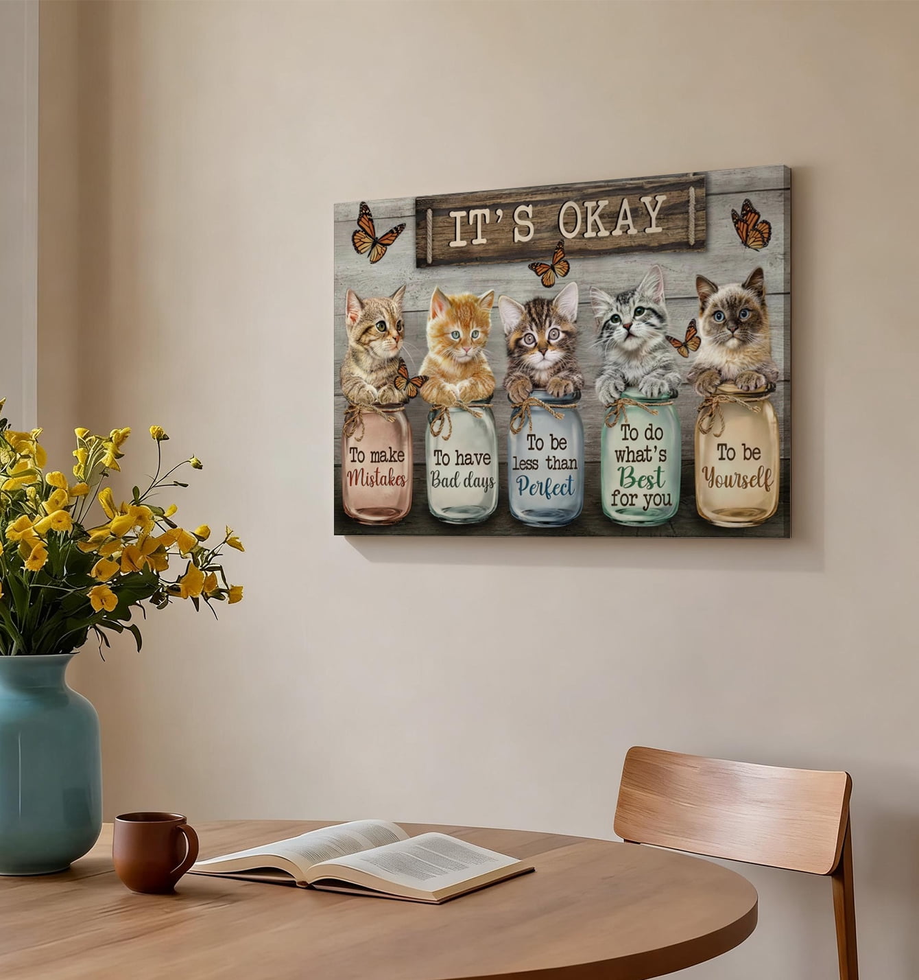 It's Okay Kittens Self-Love Canvas Wall Art, Cute Cat Decor, Inspirational Self-Care Quote Artwork For Bedroom, Nursery, Bathroom, Ready To Hang 12*18inch(30*45cm)