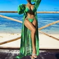 thumbnail image 3 of 1 Set Sexy Women Bikini Set with Cover Up Leaf Print Halter Bra Lace-up High Waist Briefs Sunscreen Long Sleeve Cardigan Set Swimwear, 3 of 7