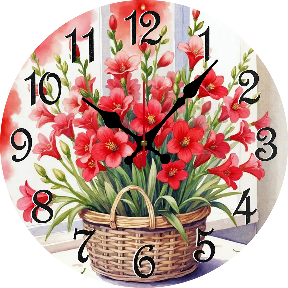 Eveokoki DIY Kitchen Wall Clock 10 Inch Battery Operated Vintage Round Wooden Clocks Red Flowers Basket Decor Silent Wall Clock for Home Office Decoration
