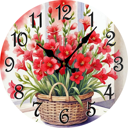 Eveokoki DIY Kitchen Wall Clock 10 Inch Battery Operated Vintage Round Wooden Clocks Red Flowers Basket Decor Silent Wall Clock for Home Office Decoration