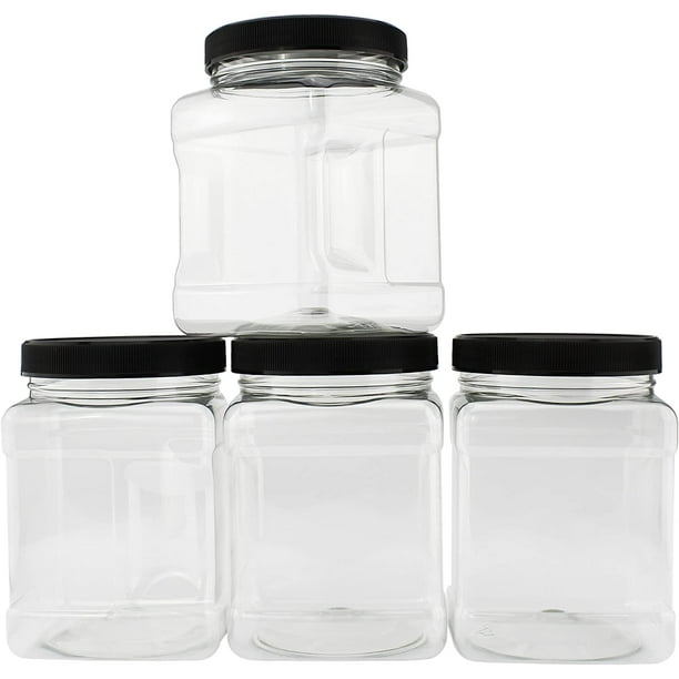 32Ounce Square Plastic Jars (4Pack); 32oz Clear Rectangular Canisters w/Black Lids, EasyGrip