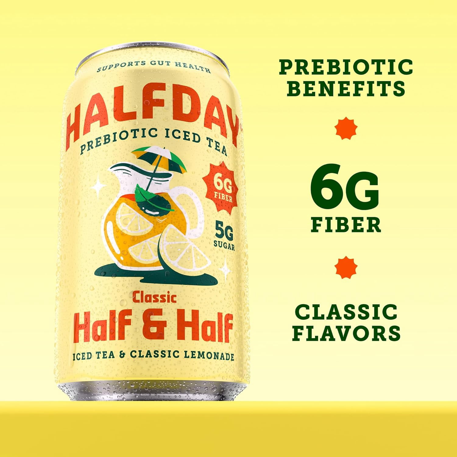 (5 pack) Halfday Prebiotic Classic Half & Half Iced Tea Drink & Lemonade, 6g Fiber, 12 fl oz Single Can