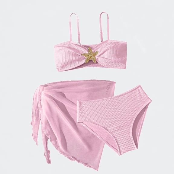Ticikt Girls 3 Piece Swimsuit Set Starfish Spaghetti Strap Bandeau Bikini with Cover Up Skirt,Pink