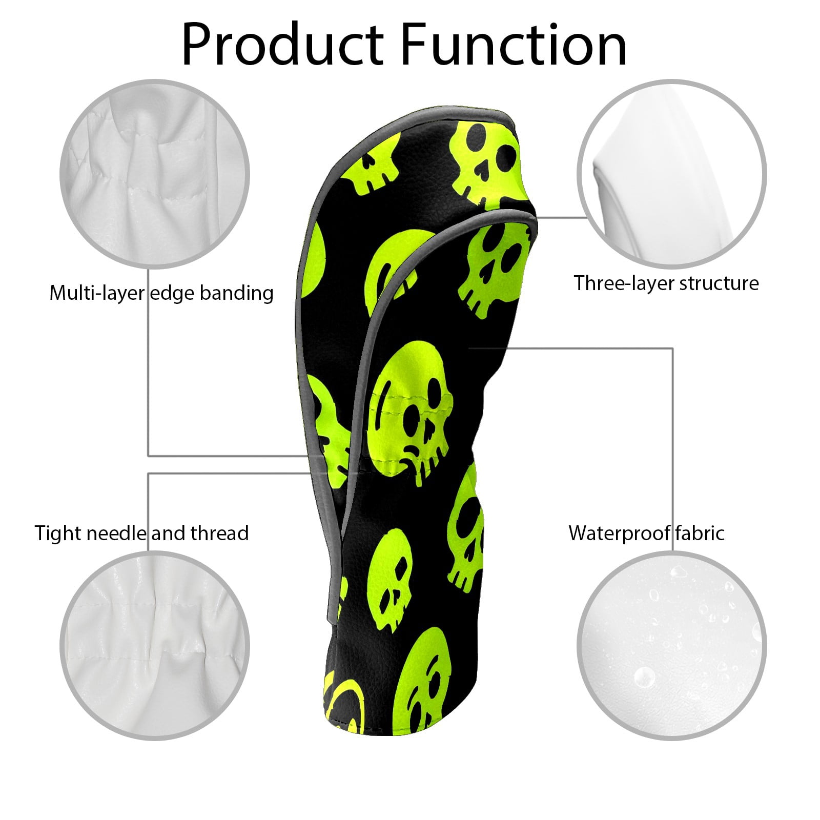 Golf Club Covers, Yellow Skeleton Premium PU Leather Driver Hybrid Putter Head Covers with Velvet Lining, Waterproof Golf Gifts for Men Women